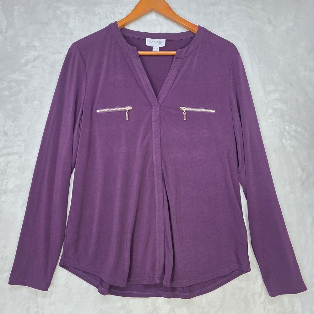 Womens Career Blouse Dark Purple Gold Zippers Carmen Marc Valvo Sz XL Stretch